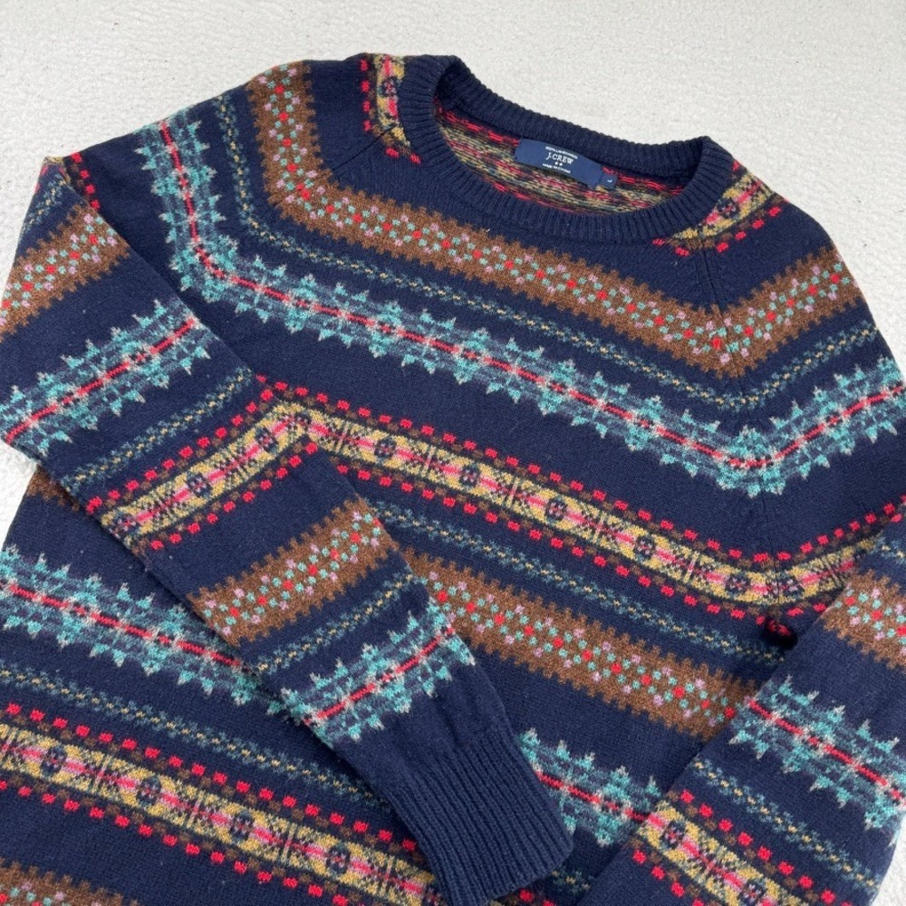 J. Crew Lambswool Sweater Womens Large Navy Blue Fair Isle Aztec Knit Crewneck
